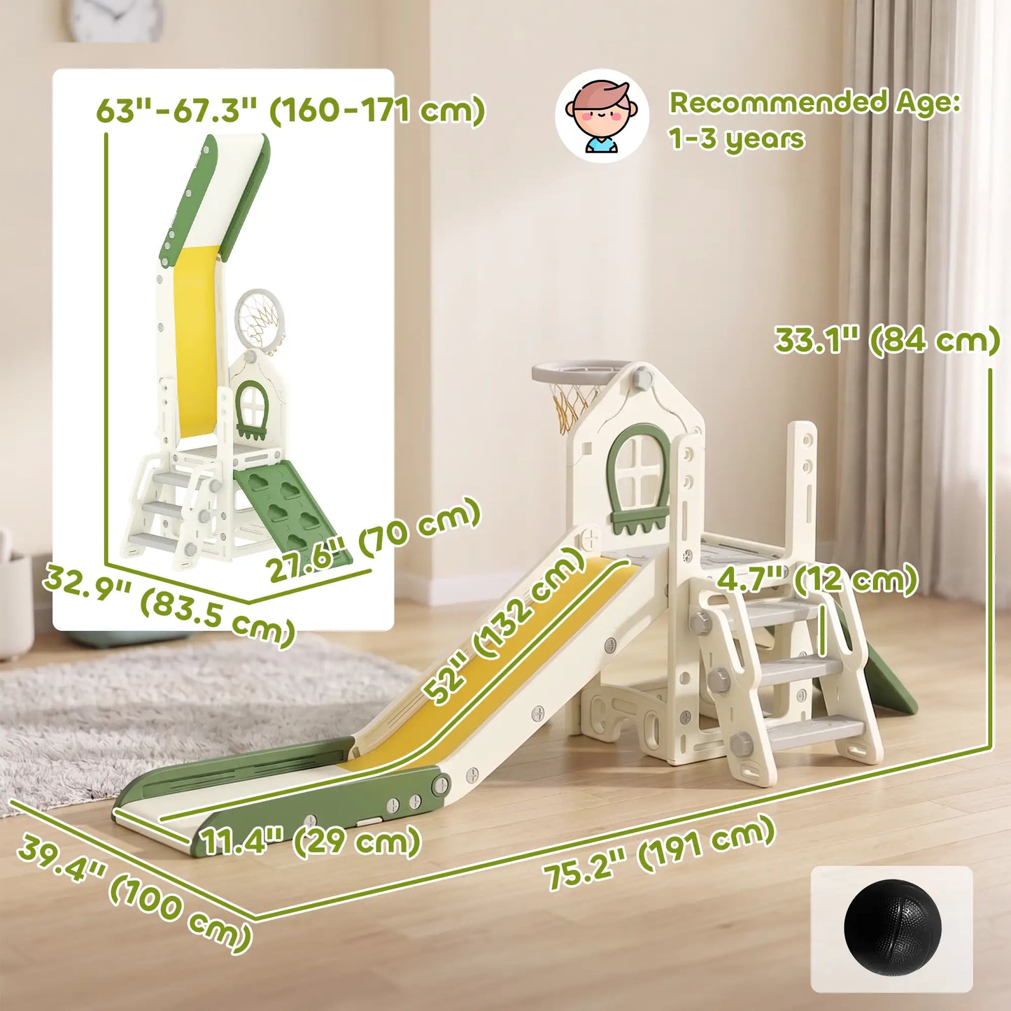 Foldable 4 in 1 Toddler Slide with Climber, Basketball Hoop, Storage Space and Basketball for Ages 1-3 Years, Cream Gym Sets & Swings at Gallery Canada