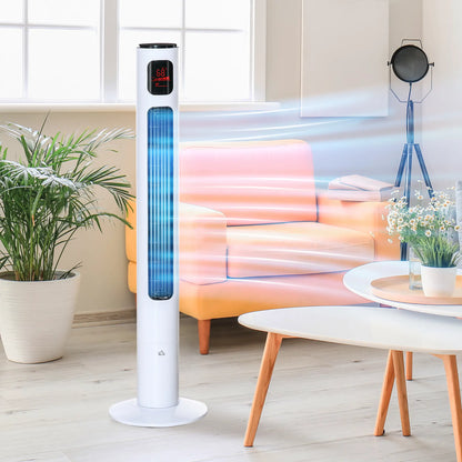 Freestanding Tower Fan, Oscillating, 3 Speed, 12h Timer, LED Panel, Remote, White Tower Fans at Gallery Canada