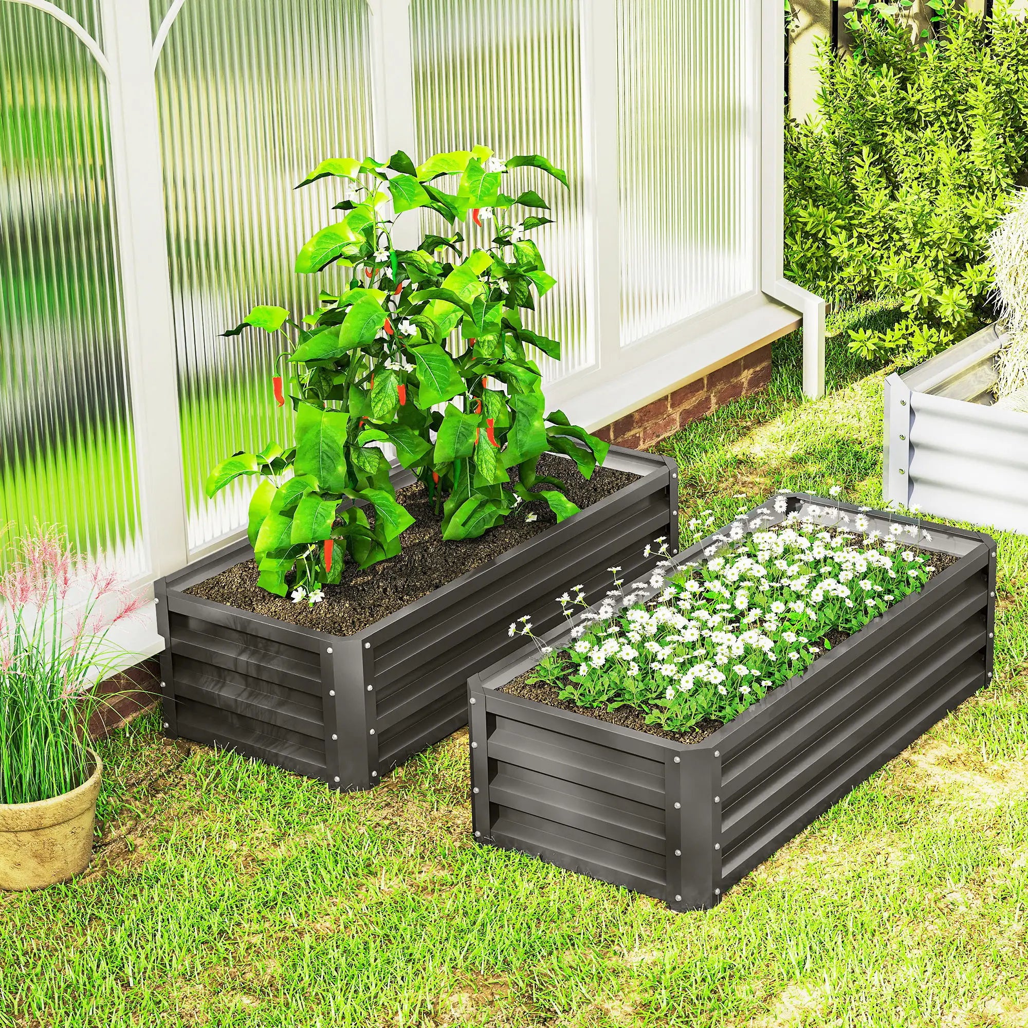 Galvanized Raised Garden Beds, Outdoor Planter Box, Set of 2, Dark Grey Galvanized Planter Boxes at Gallery Canada