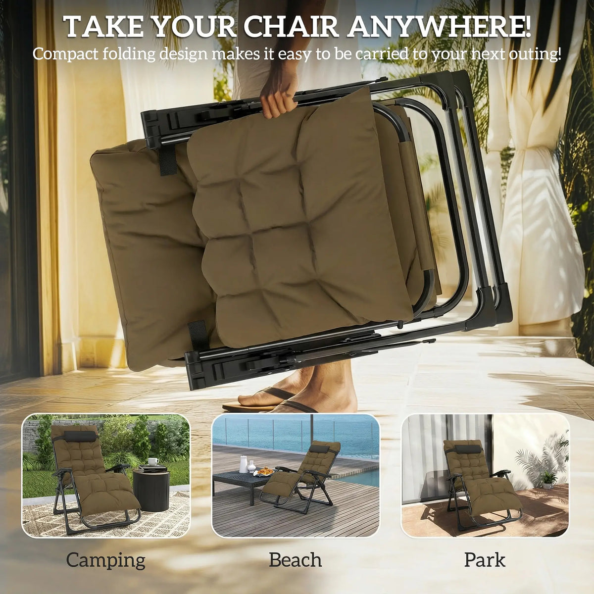Folding Garden Chair, Reclining Zero Gravity Sun Lounger, Khaki Lounger Chairs at Gallery Canada