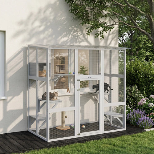 Outdoor Cat Enclosure, Window Box, Weatherproof Roof, Bridge, Resting Box, Platforms, for 2 Kittens, White