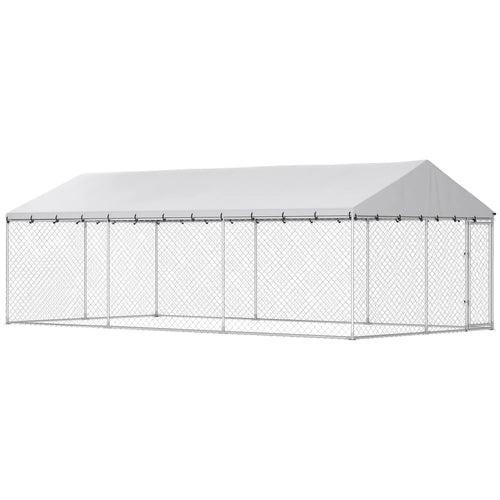 Galvanized Steel Outdoor Dog Kennel With Roof, Safety Locks, 19.7' x 9.8' x 7.1'