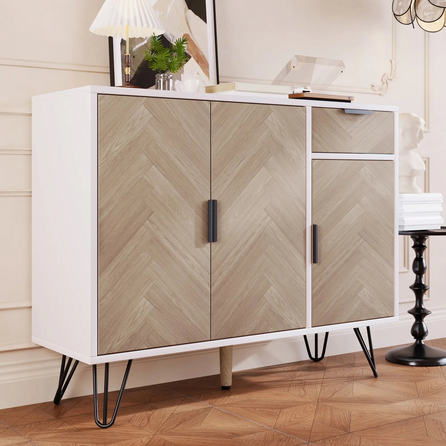 Storage Cabinet with Drawer, Adjustable Shelves, 35.5" L x 11.5" W x 28.5" H, White+Wood Storage Cabinets at Gallery Canada
