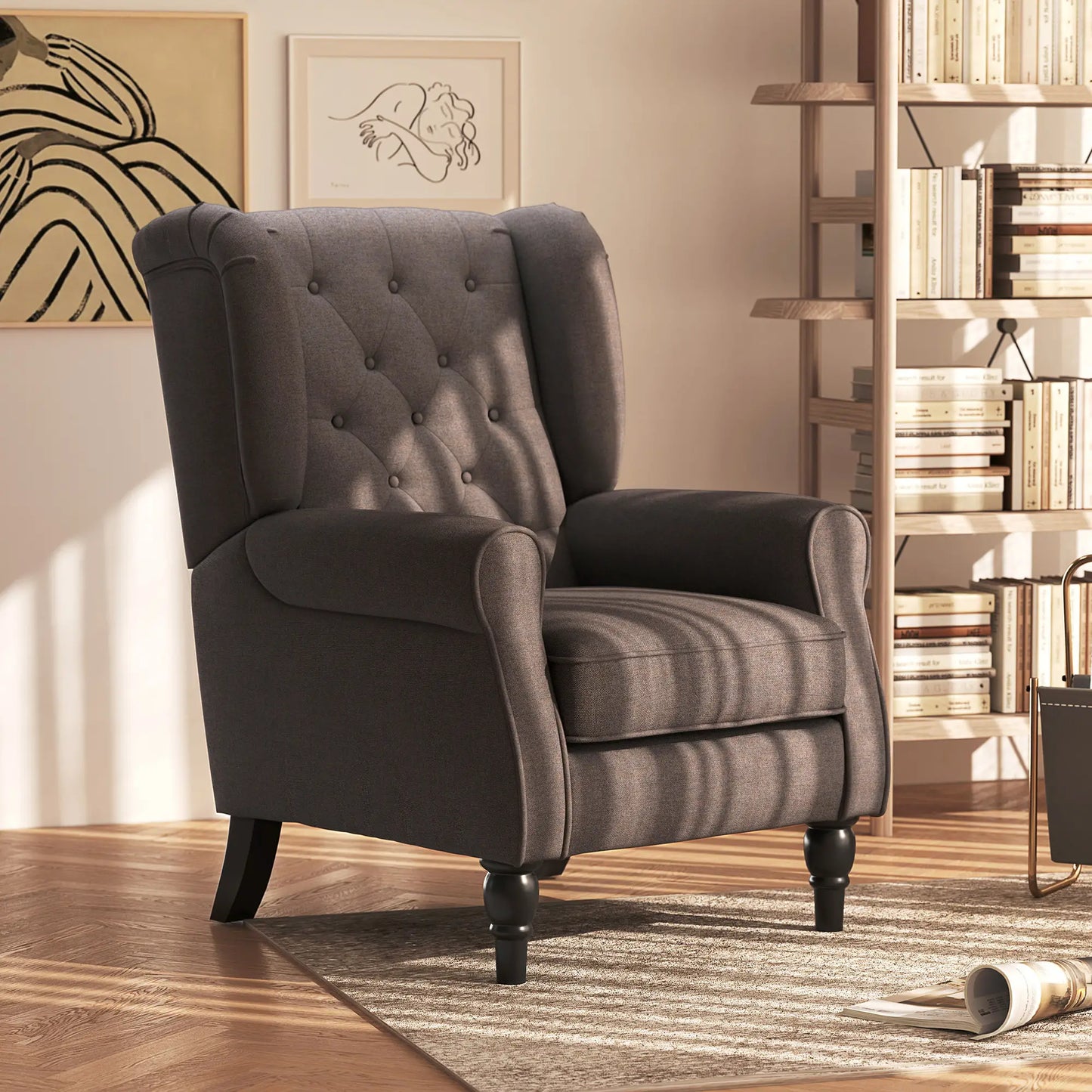 Fabric Accent Chair, Button Tufted Armchair, Wingback, Brown Single Sofas at Gallery Canada