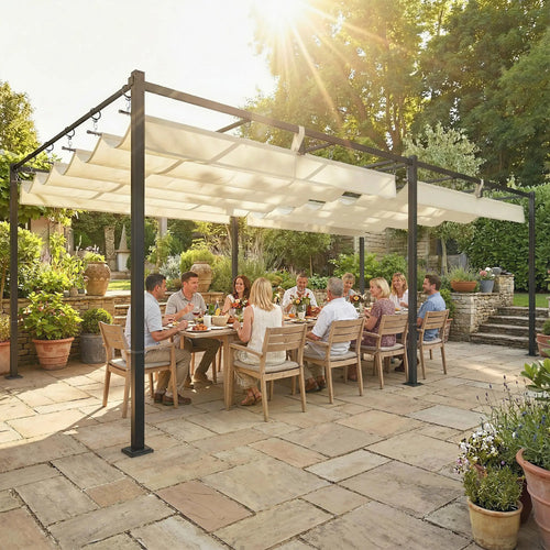 19' x 10' Pergola, Retractable Canopy, UV50+, Cream