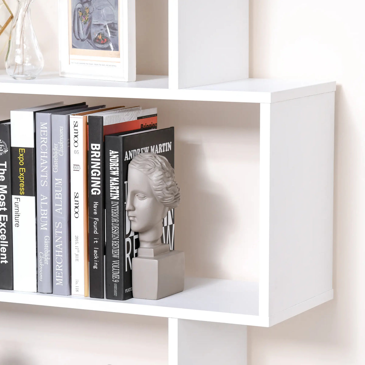 76" 6-Tier Geometric Wooden Bookcase, S Shaped Storage Shelf, White Display Bookshelves at Gallery Canada