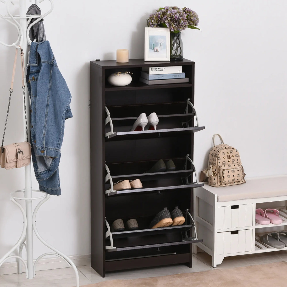 Slim Shoe Storage, 3 Flip Drawers, Adjustable Shelves, 9 Pair, Coffee Shoe Storage Cabinets & Racks at Gallery Canada