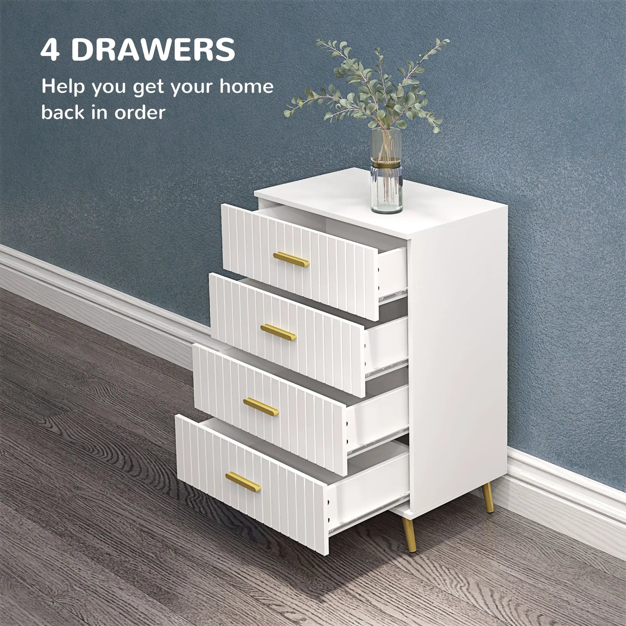 4 Drawer Cabinet, Bedroom Chest of Drawers, Aluminium Legs, Gold Handles, White Storage Cabinets at Gallery Canada