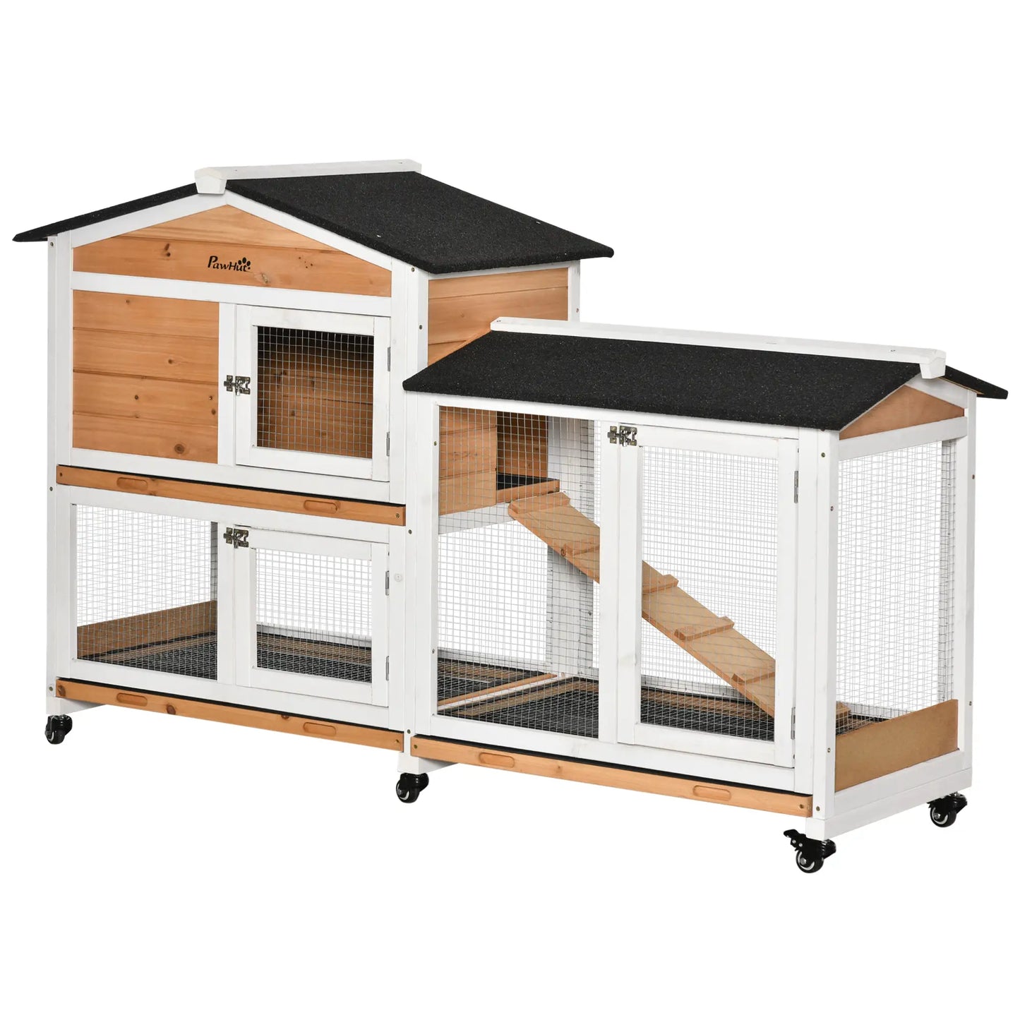 62" Wooden Rabbit Hutch with Wheels, Run Box, Tray, Ramp, Yellow Rabbit Hutch White, Yellow at Gallery Canada