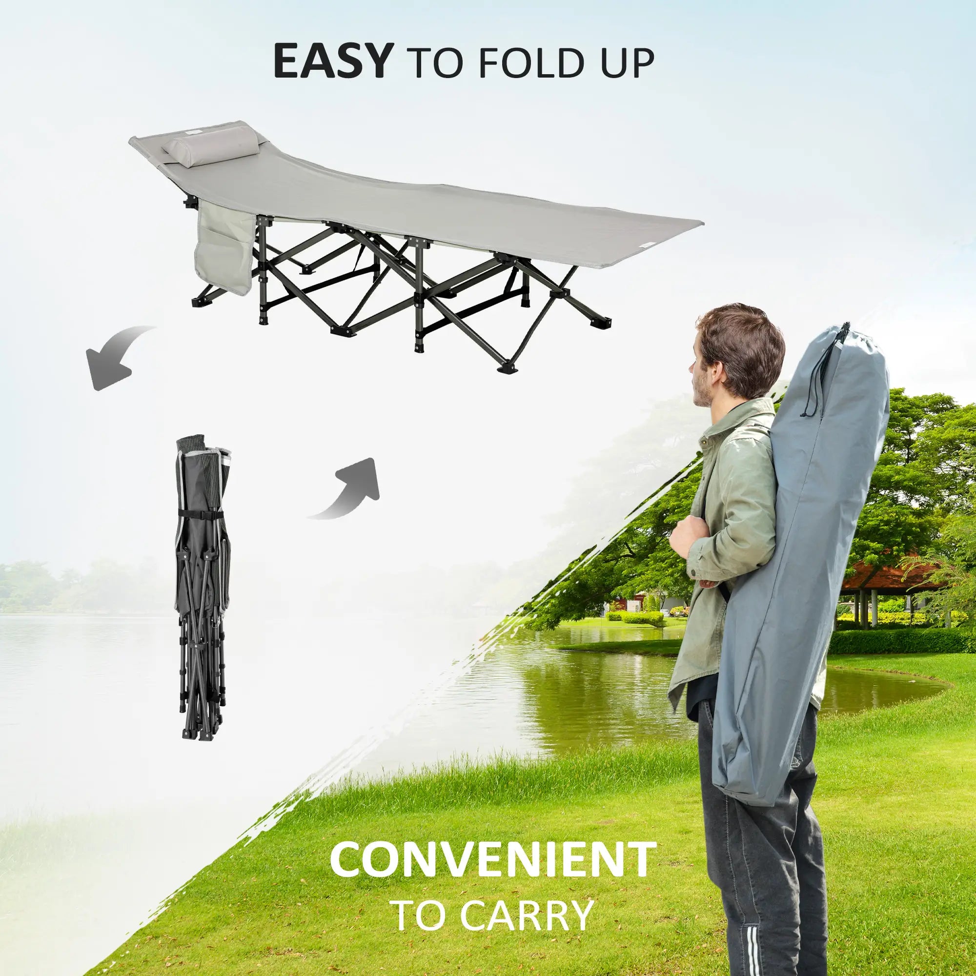 Folding Camping Cot with Mattress, Pillow, Double Layer Oxford, Carry Bag, Light Grey Camping Cots at Gallery Canada