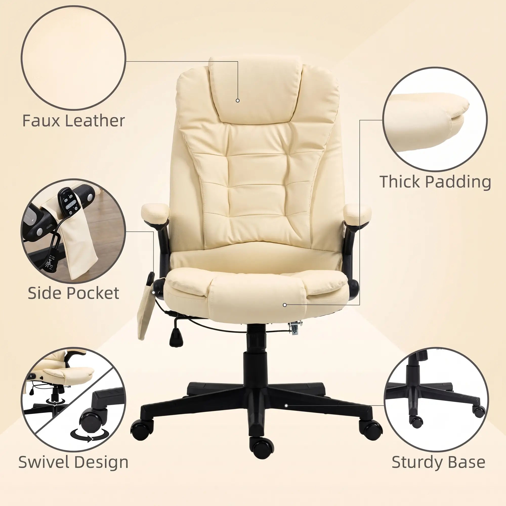 Adjustable Heated Massage Swivel Office Chair, High Back Leather, Beige Massage Chairs at Gallery Canada