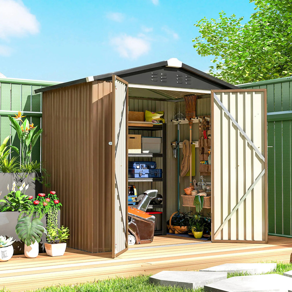 6.5' x 4' Metal Outdoor Storage Shed, Lockable Double Doors, 4 Vents, Brown Sheds at Gallery Canada