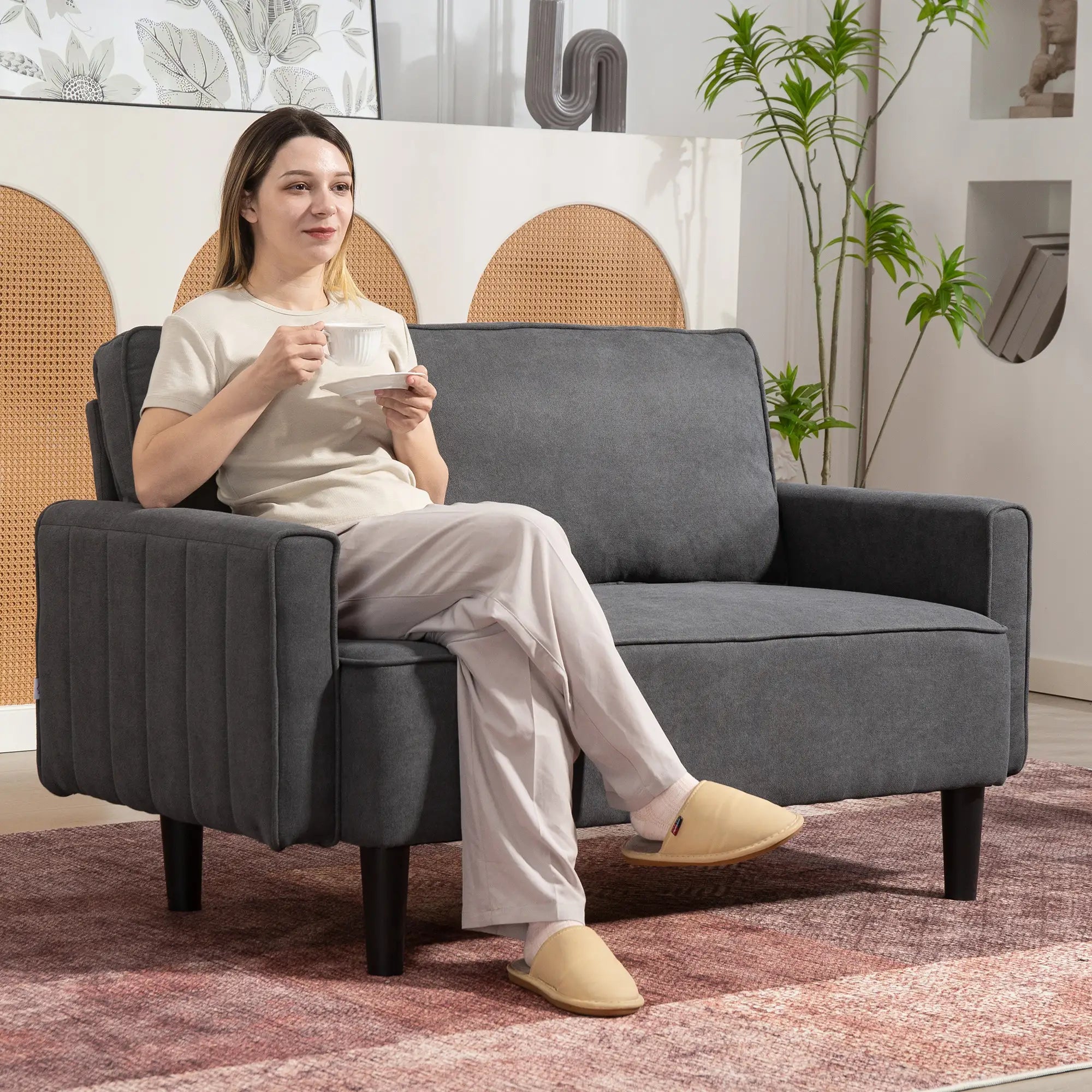 Linen Loveseat Sofa, 2 Seater with Thick Padded Seat, Dark Grey 2-Seater Sofas at Gallery Canada