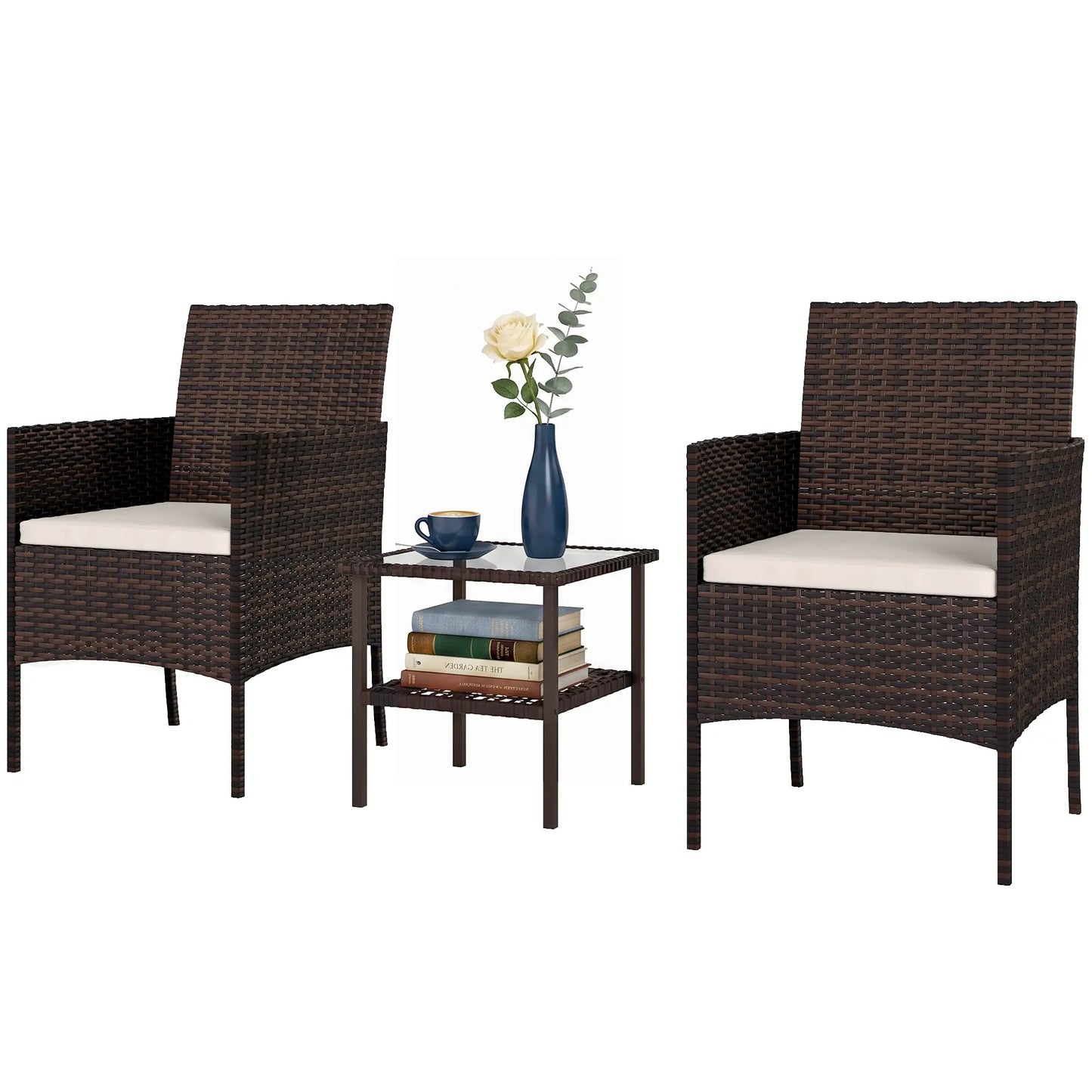 3-Piece Wicker Bistro Set, 2-Tier Glass Top Table, Beige Bistro Sets Brown, Beige at Gallery Canada