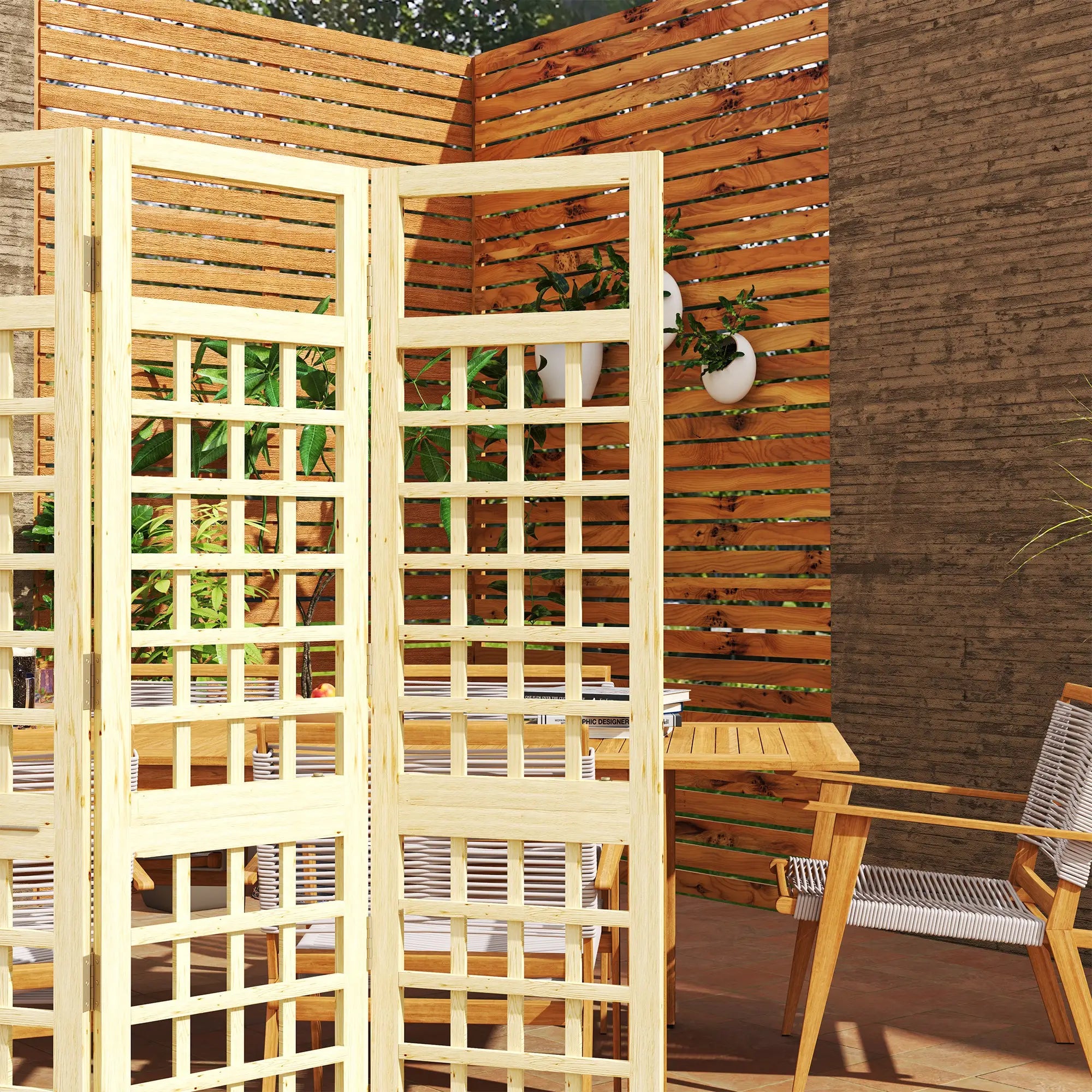 3 Panel Outdoor Wood Privacy Screen, Folding Room Divider, 47.2