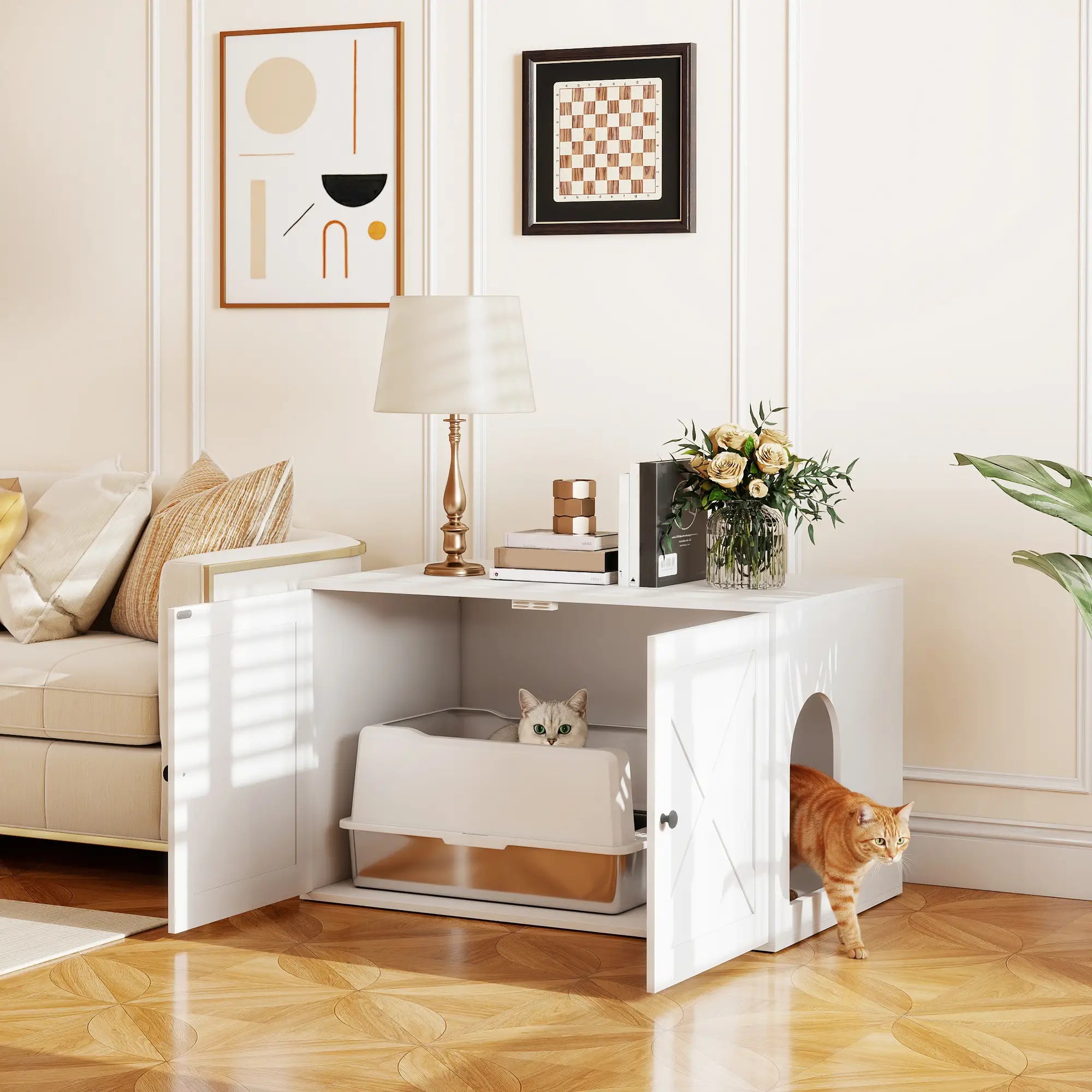 Cat Litter Box Enclosure, Double Doors, Handles, 31.5