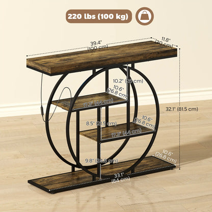 4-Tier Console Table With Charging Station, LED Lights, 39", Rustic Brown
