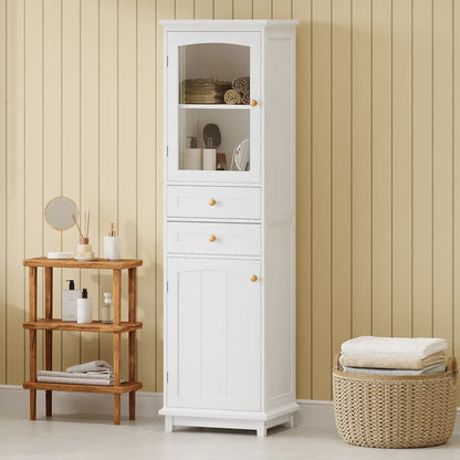 Bathroom Storage Cabinet, Glass Doors, Adjustable Shelves, 18" L x 14" W x 63" H, White Bathroom Cabinets at Gallery Canada