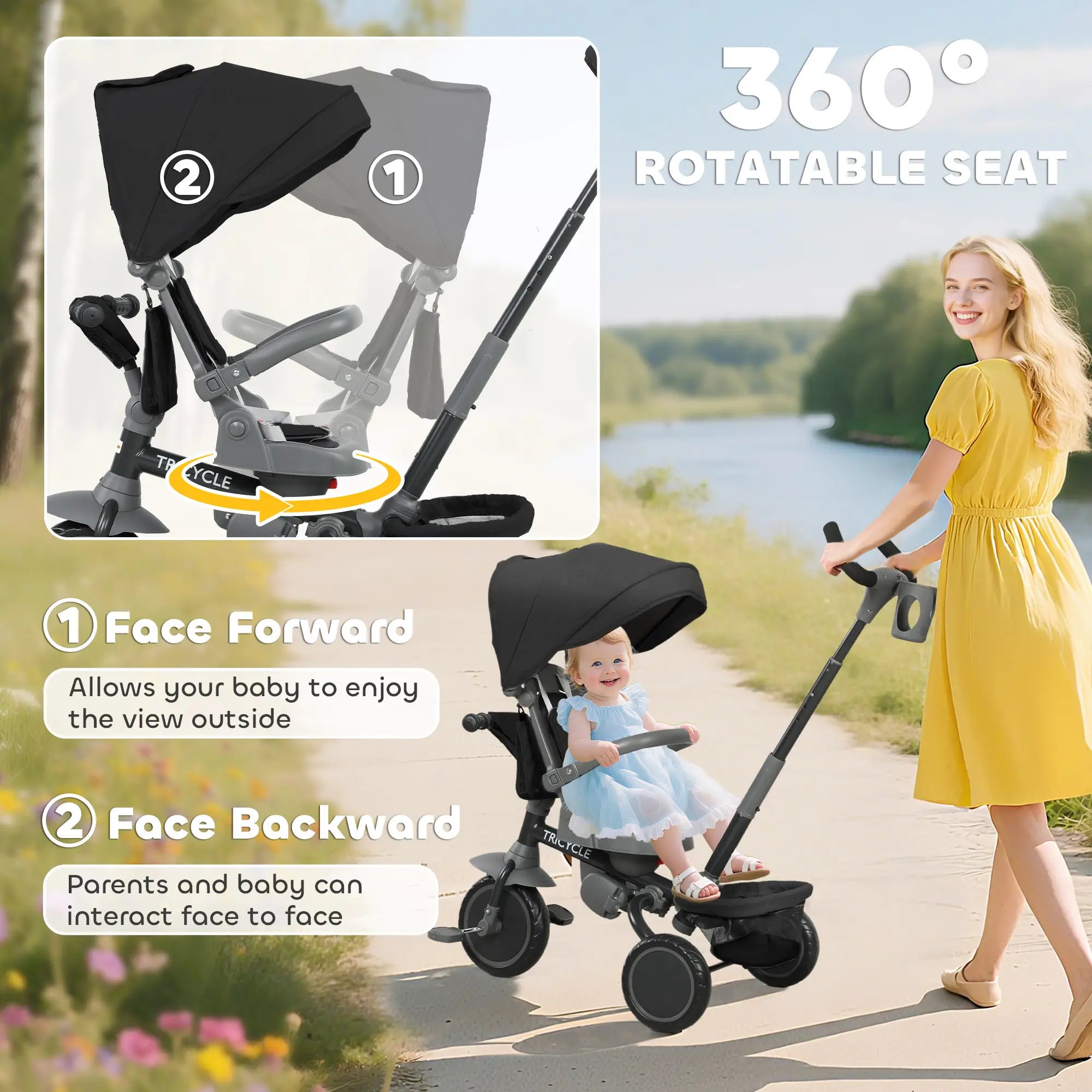 6 in 1 Toddler Tricycle, Push Handle, Removable Canopy, Rotatable Seat, Black Tricycles for Kids at Gallery Canada