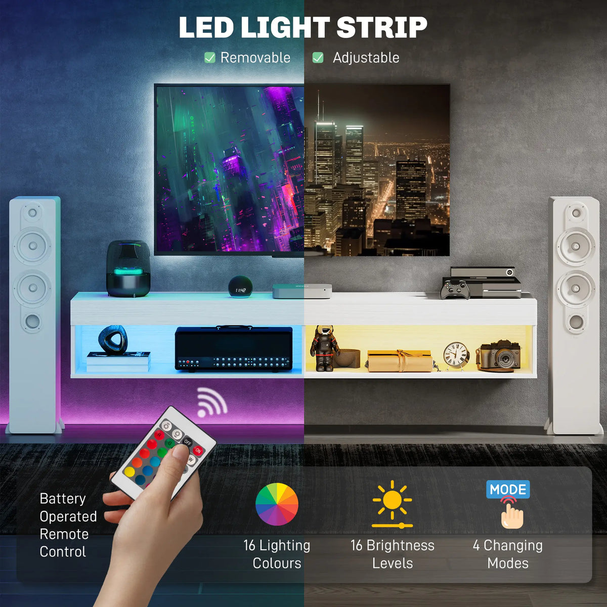 Wall Mounted TV Stand With Storage, LED Lights, For TVs Up To 75", White TV Stands at Gallery Canada