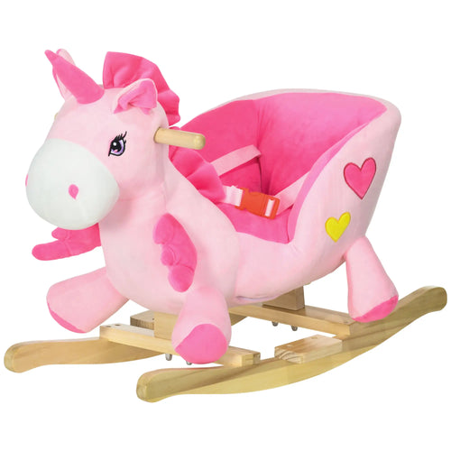 Baby Rocking Horse, Unicorn Ride On with Songs, Wooden Base, Safety Belt, 1.5-3 Year Old, Pink