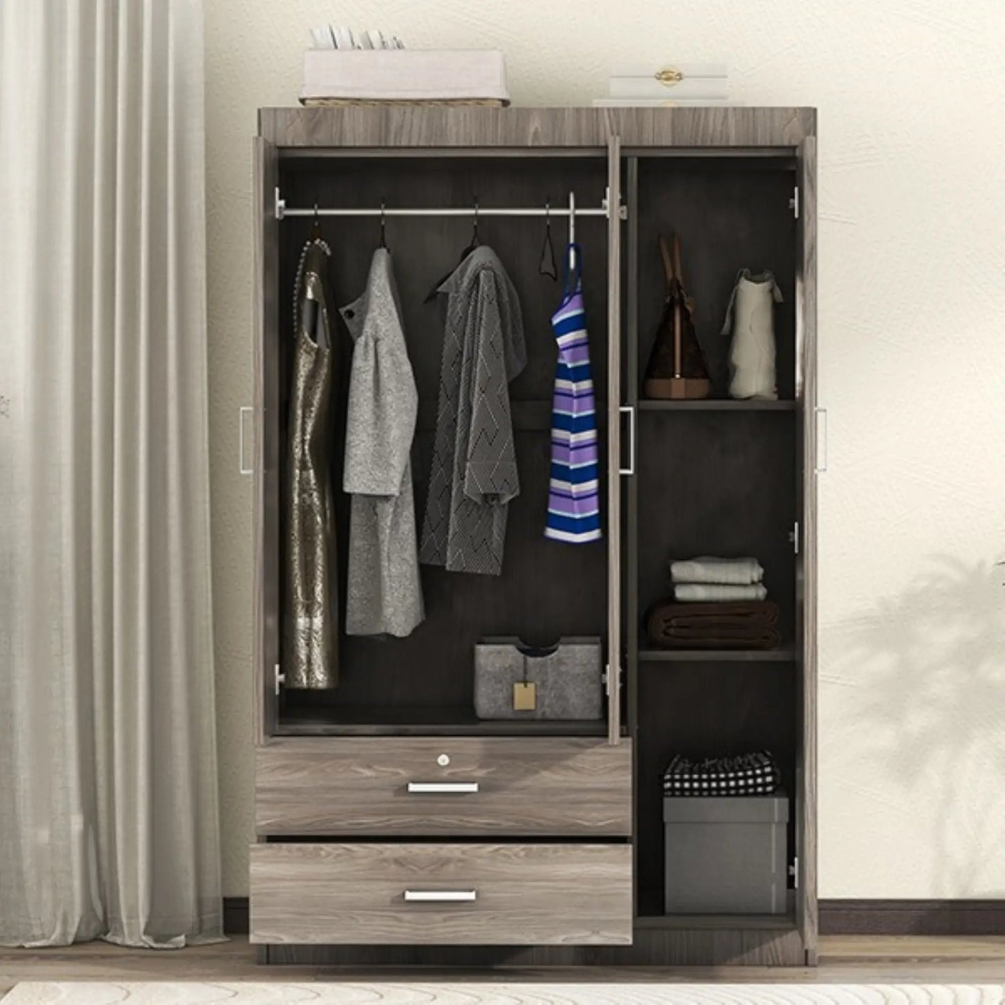 Modern Wardrobe, 2 Drawers, MDF, Hanging Rail, 41.5" L x 18.5" W x 68" H, Grey Clothing Storage at Gallery Canada