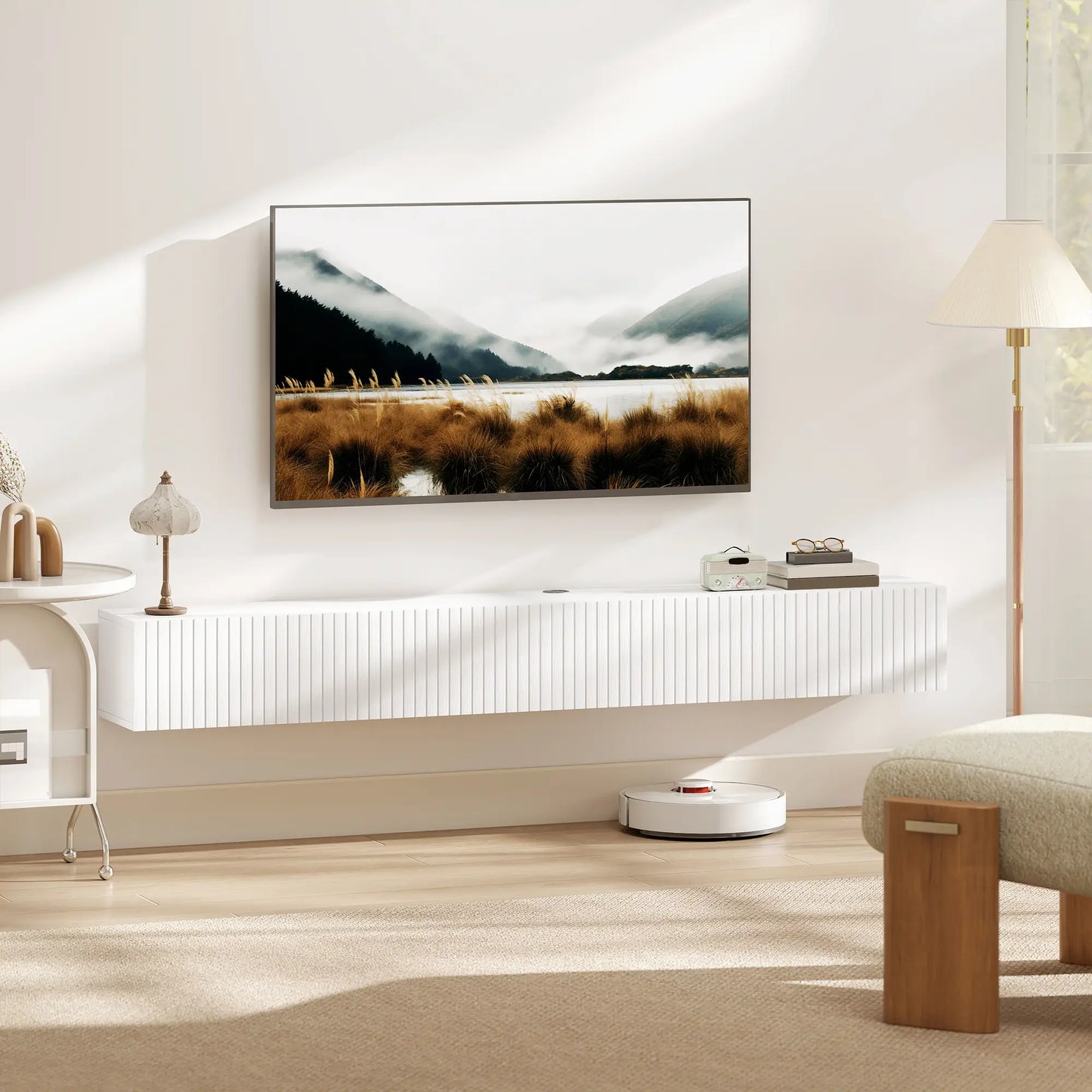 71 Inch Floating TV Stand, Wall Mount Media Console, 2 Fluted Doors, White TV Stands at Gallery Canada
