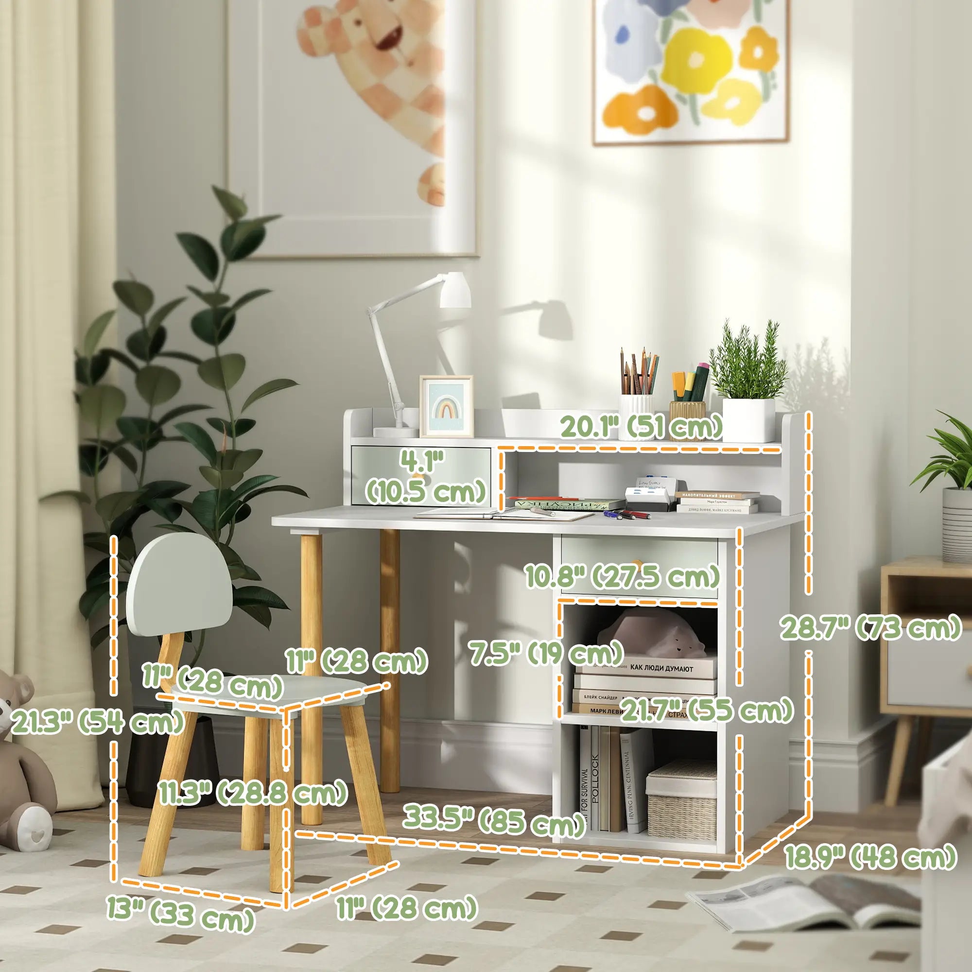 Kids Study Table and Chair Set with Storage, for 3-8 Year Old, Green Kids Desk Sets at Gallery Canada