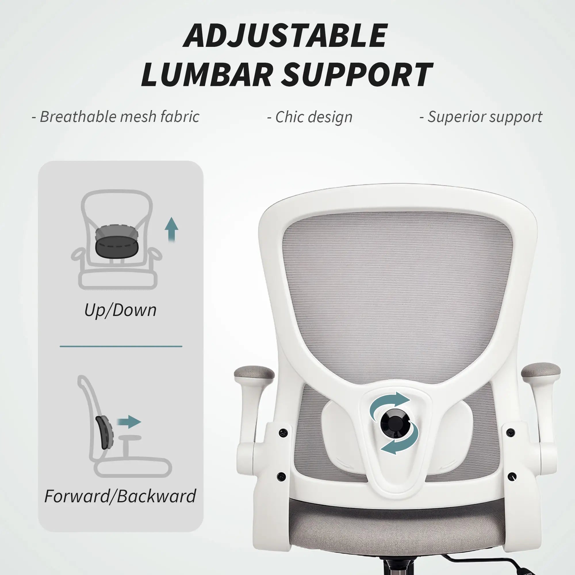 Ergonomic Mesh Office Chair, 4D Lumbar Support, Flip-Up Armrests, Tilt, Grey Task Chairs at Gallery Canada