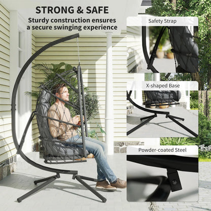 Hanging Egg Chair, Foldable Wicker Rattan Swing, Grey Patio Swings with Stand at Gallery Canada