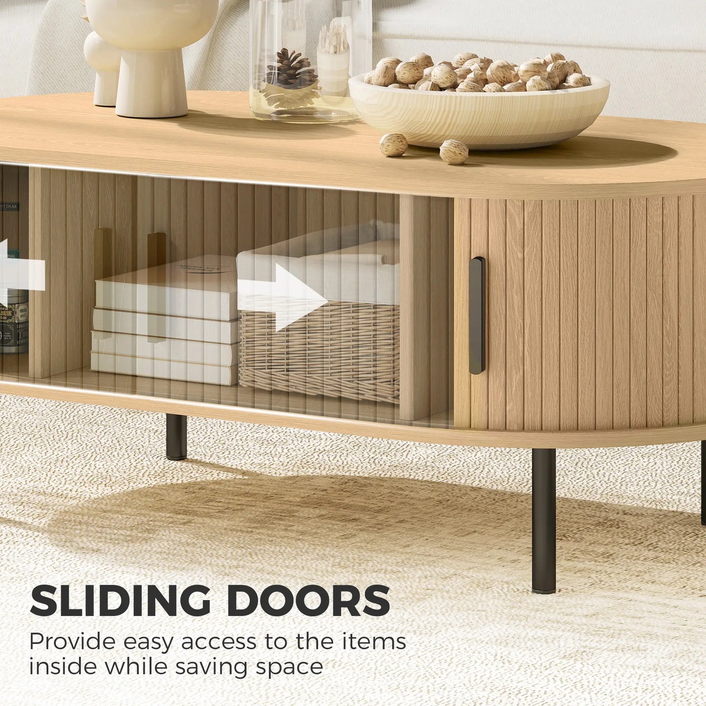 Coffee Table with Sliding Tambour Doors and Storage Center Table with Metal Legs, 39", Natural Coffee Tables at Gallery Canada