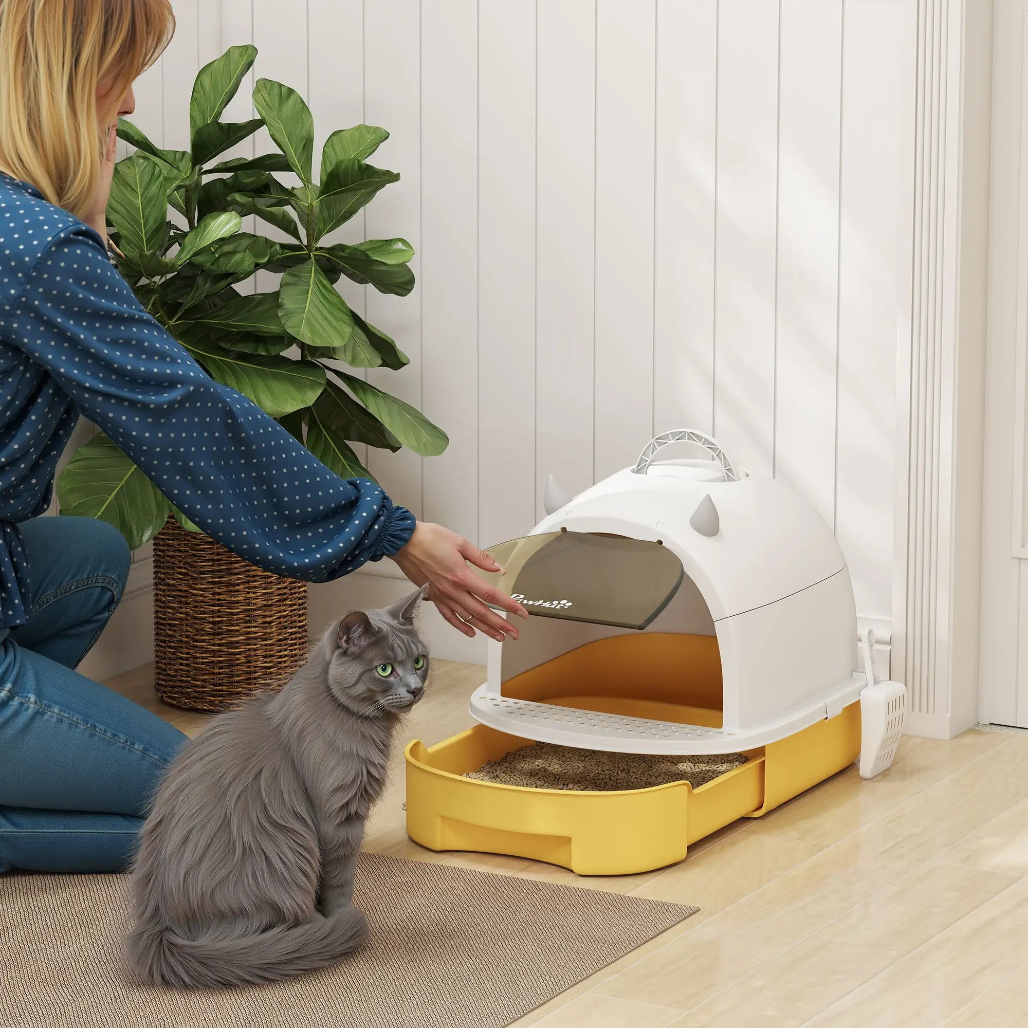 Cat Litter Box With Lid, Front Door Flap, Scoop, Handle, Yellow Cat Litter Box Enclosures at Gallery Canada