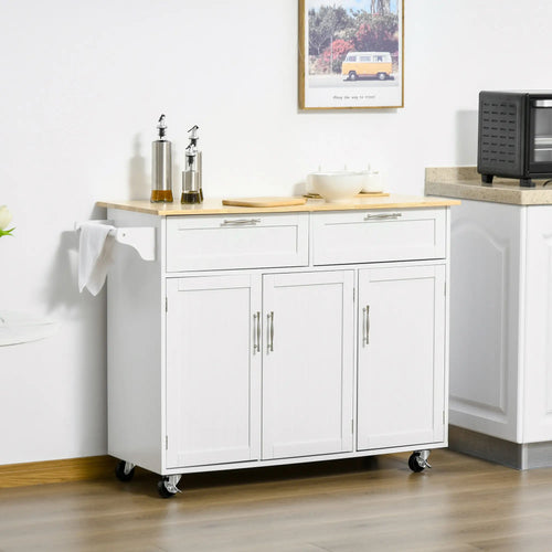Rolling Kitchen Island, Cart with 2 Drawers, 3 Door Cabinets, 3-Doors, White