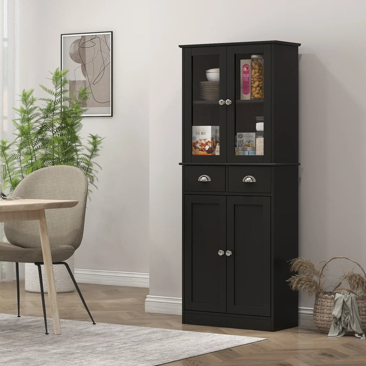 61" Kitchen Pantry Cabinet, Freestanding Farmhouse, Black Kitchen Pantry Cabinets at Gallery Canada
