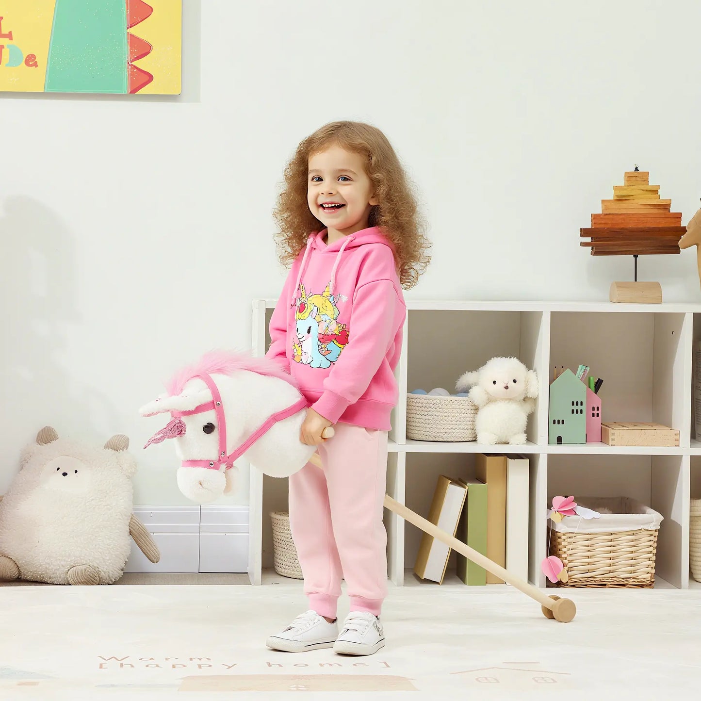 Unicorn Stick Horse, Plush with Wood Wheels, Neighing Sounds, White Rocking Horses at Gallery Canada