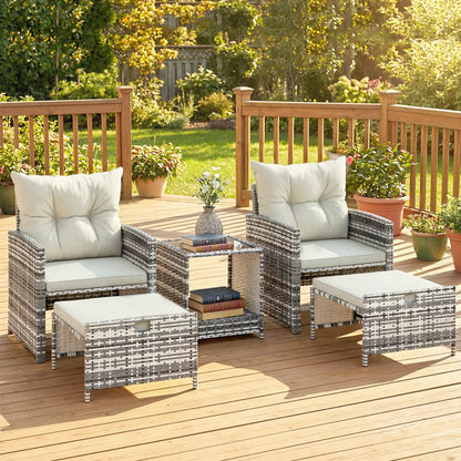 5 Piece Patio Furniture Set, Wicker Chairs With Ottomans, 2-Tier Glass Coffee Table, Grey/Cream White Patio Furniture Sets at Gallery Canada