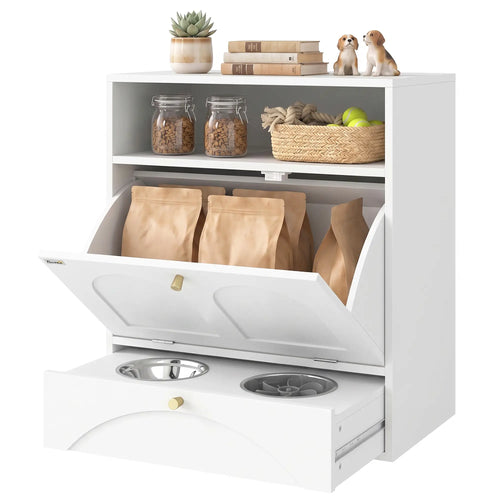 Dog Feeding Station, Food Storage Cabinet, 2 Elevated Bowls, White, White