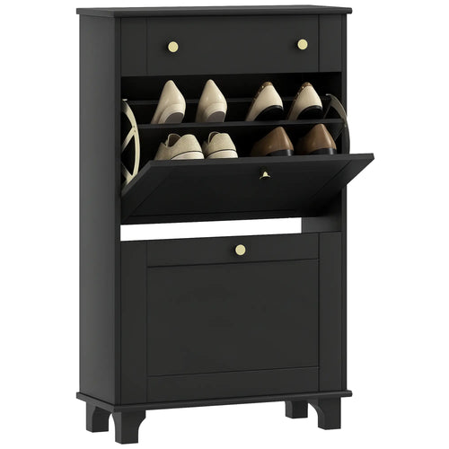 Slim Shoe Storage, 2 Flip Drawers, Adjustable Shelves, 8 Pair, Black