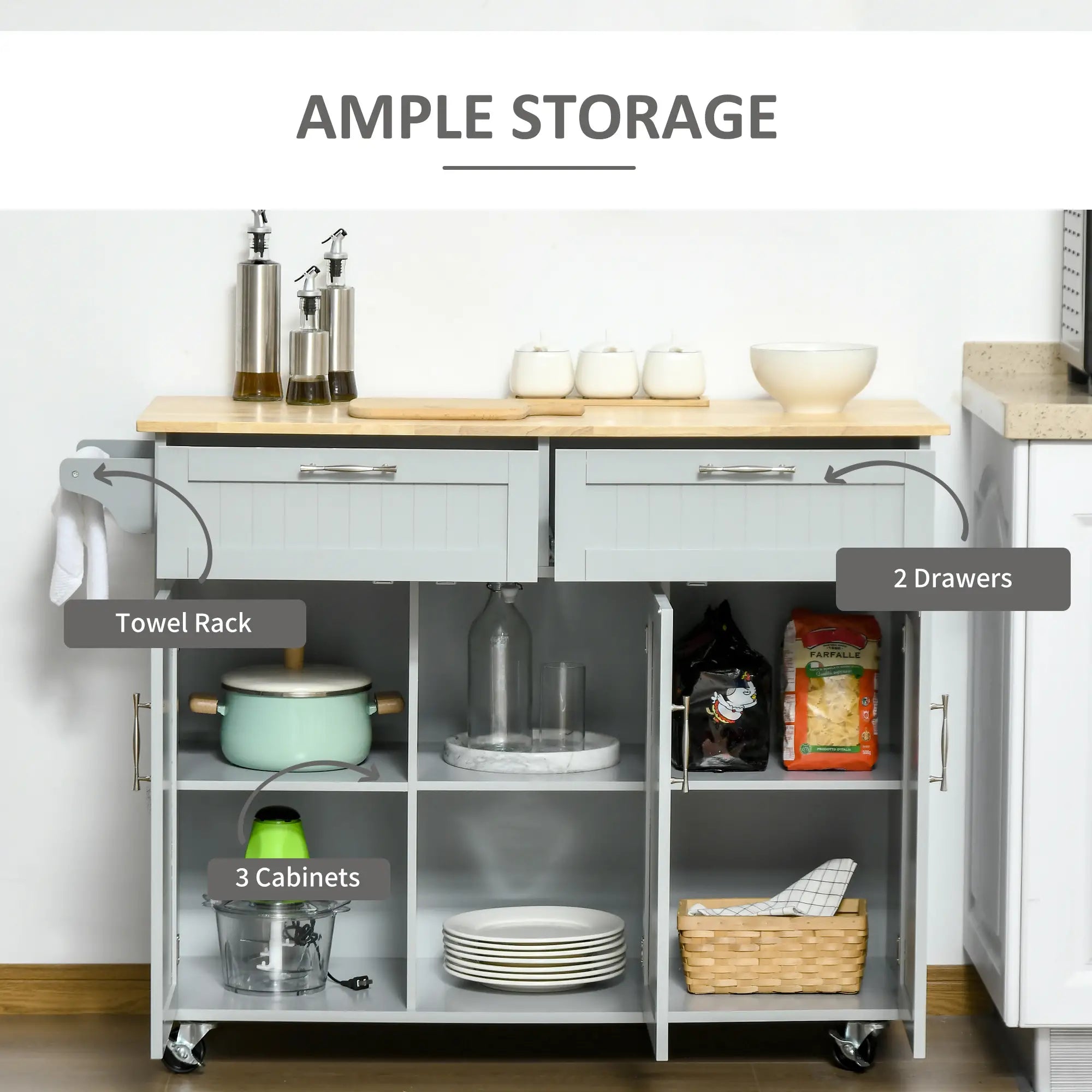 Rolling Kitchen Island, Cart with 2 Drawers, 3 Door Cabinets, 3-Doors, Grey Kitchen Islands & Kitchen Carts at Gallery Canada