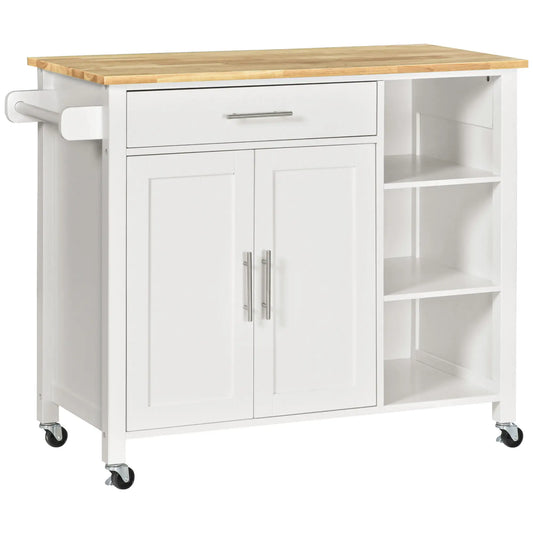 Wooden Rolling Kitchen Island, 360° Swivel Wheels, Drawer, Towel Rack, White Kitchen Islands & Kitchen Carts White and Natural at Gallery Canada