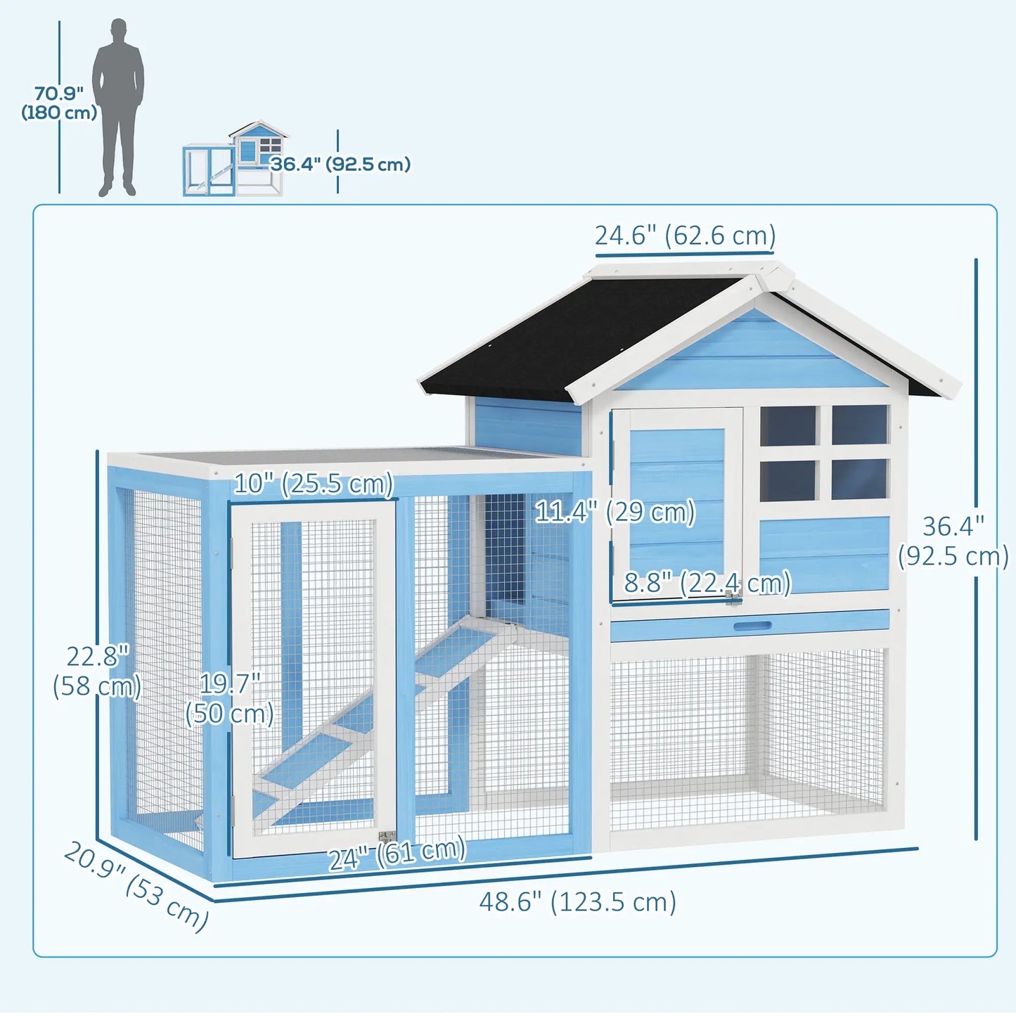 48" Wooden Rabbit Hutch, Slant Roof and Run, Light Blue Rabbit Hutch at Gallery Canada