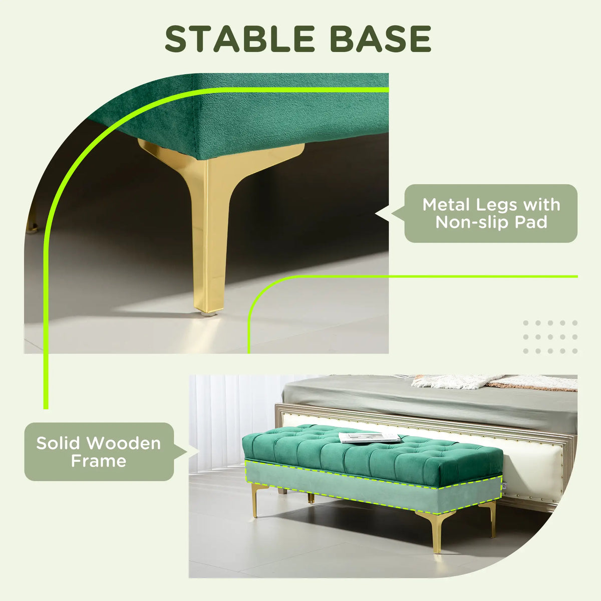 Upholstered End of Bed Bench, Button Tufted, Dark Green Storage Ottomans & Benches at Gallery Canada