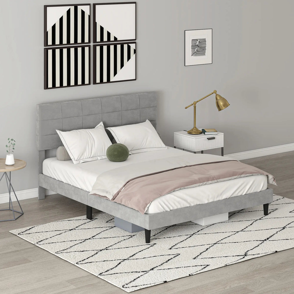 Queen Size Bed Frame, Upholstered Headboard, Wood Slats, 1100 lbs, Grey Bed Frames at Gallery Canada