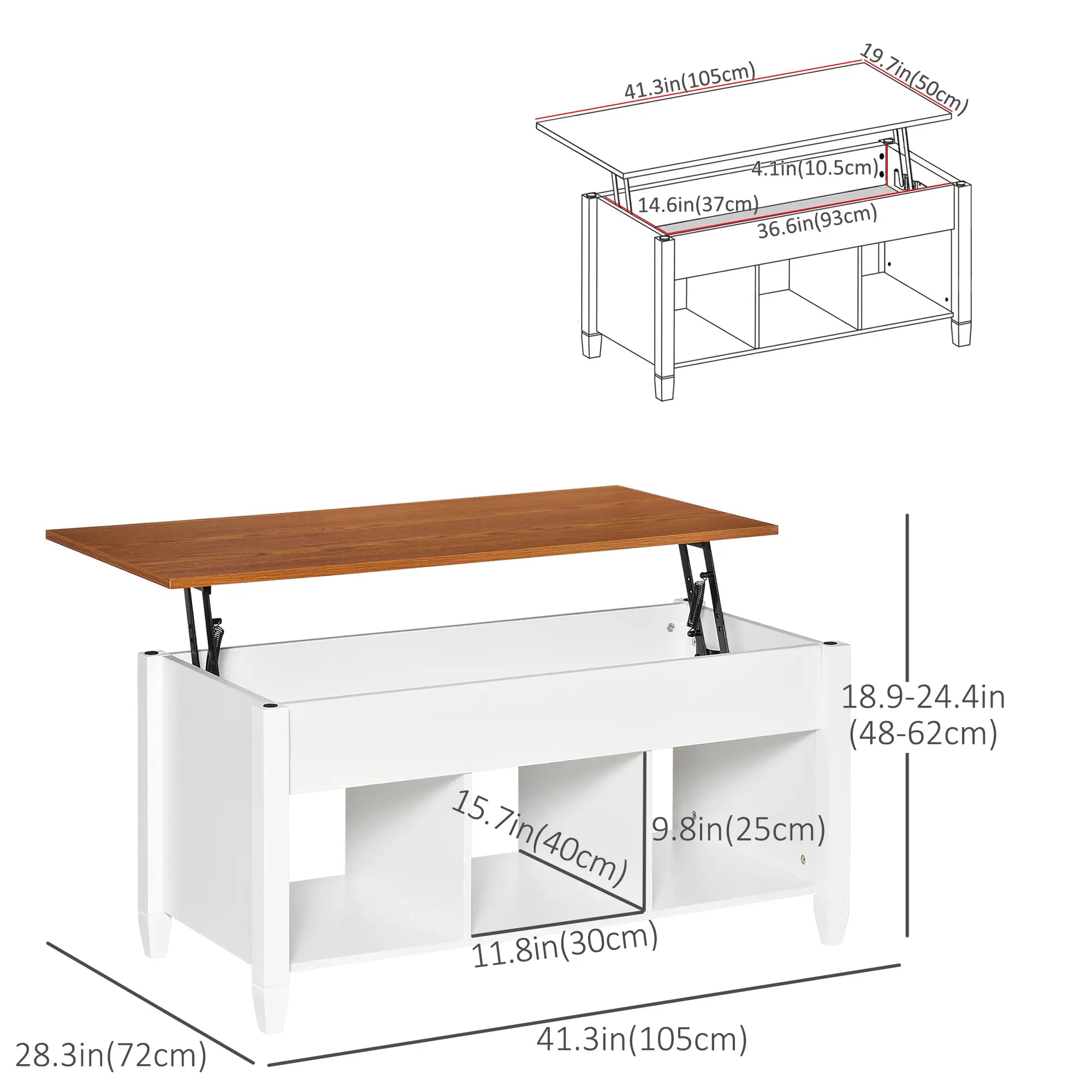 Lift Top Coffee Table, Hidden Storage, 3 Shelves, White and Brown Coffee Tables at Gallery Canada