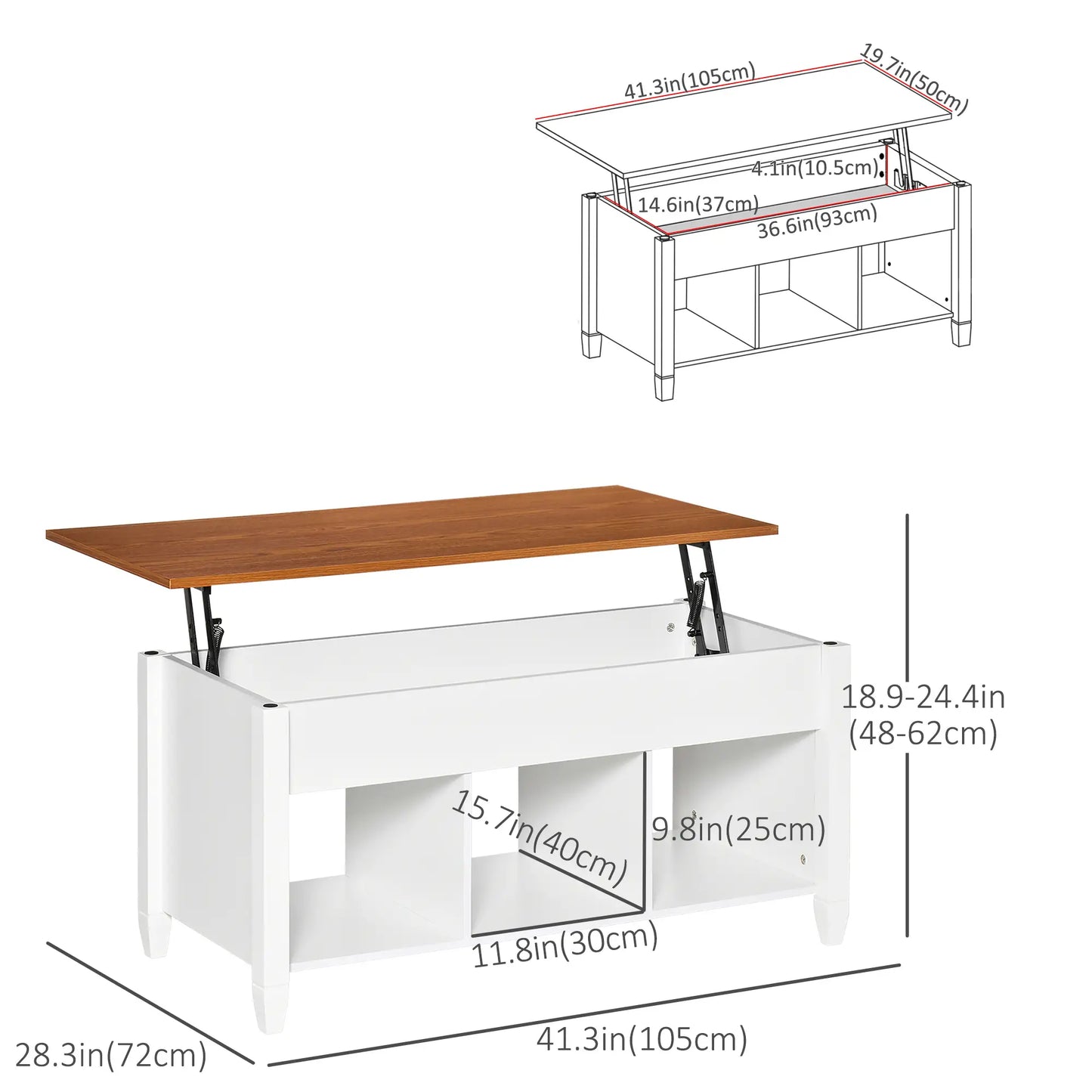 Lift Top Coffee Table, Hidden Storage, 3 Shelves, White and Brown Coffee Tables at Gallery Canada
