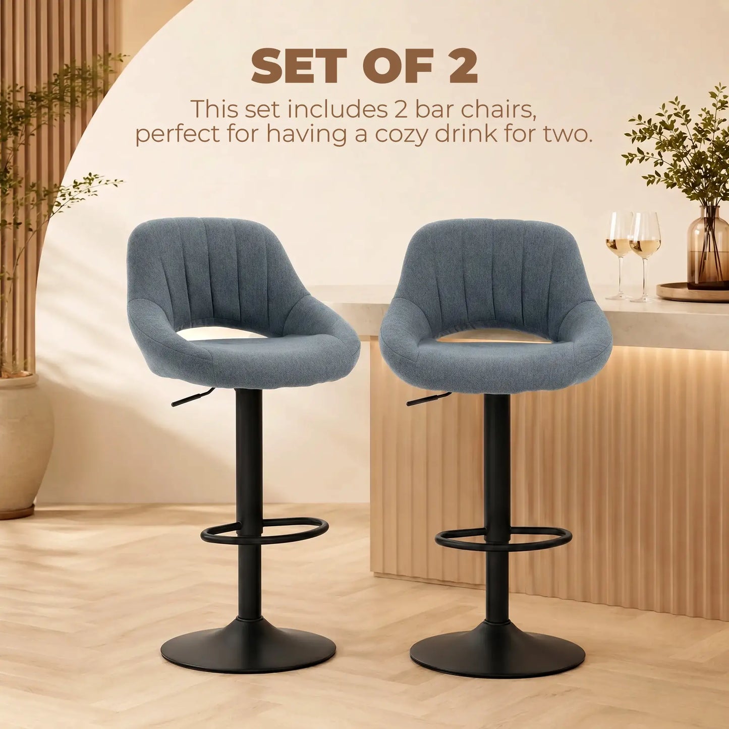 Linen Upholstered Counter Swivel Bar Stools Set of 2, Round Metal Base Bar Stools at Gallery Canada