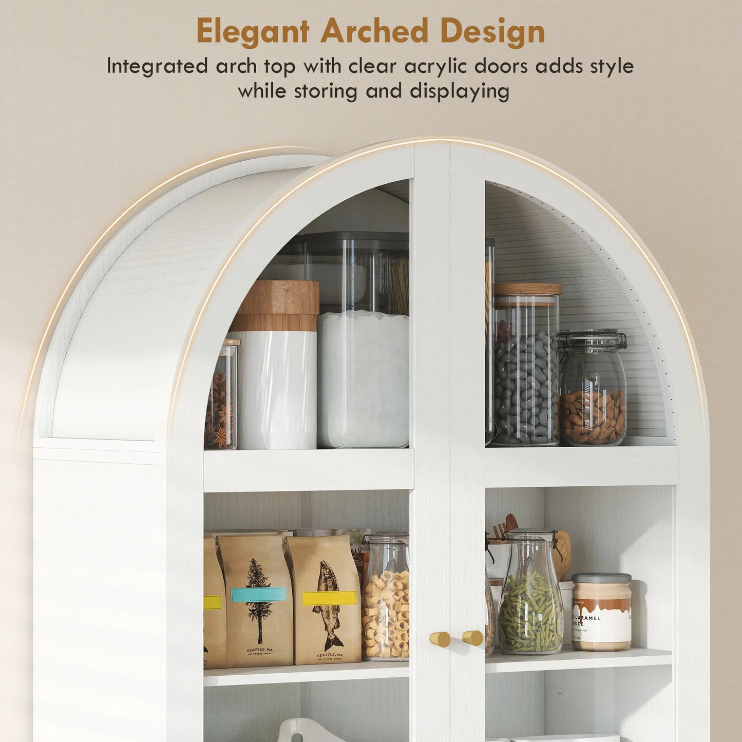 Arched Pantry Cabinet, 71" Tall, Acrylic Glass Doors, White Kitchen Pantry Cabinets at Gallery Canada