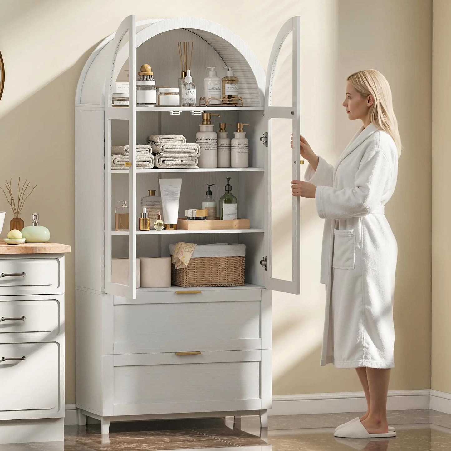 71" Tall White Arched Kitchen Pantry Cabinet, Shelves, 2 Drawers, Acrylic Doors, White Kitchen Pantry Cabinets at Gallery Canada