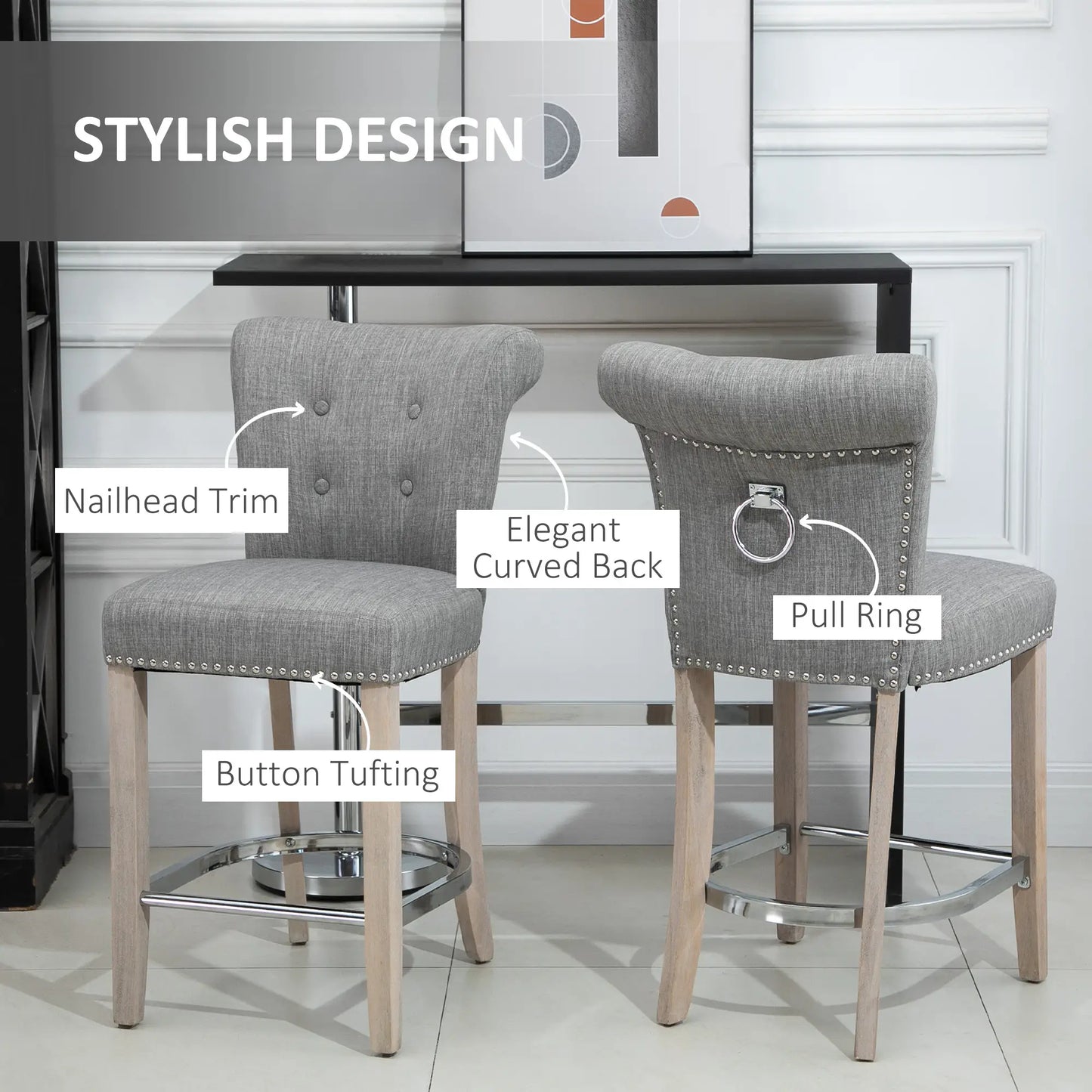 Upholstered Counter Height Bar Stools, Set of 2, Wood Legs, Grey Bar Stools at Gallery Canada