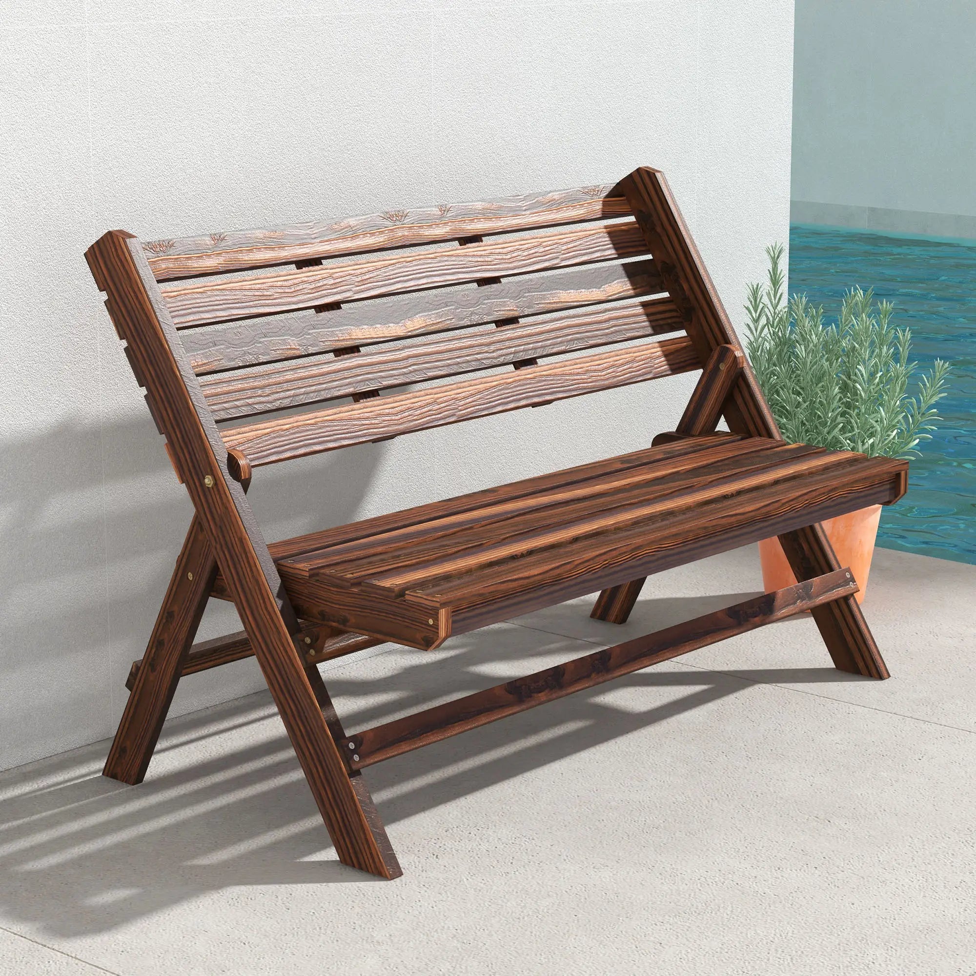 2-Seater Wooden Outdoor Bench, Foldable, Slatted Backrest, Carbonised Finish Outdoor Benches at Gallery Canada